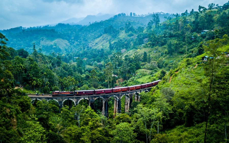 Train crossing a green valley